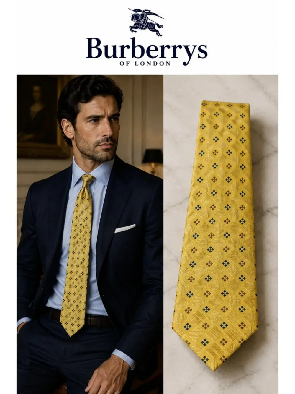 Vintage Burberrys 100% Silk Yellow Geometric Necktie Made in Italy